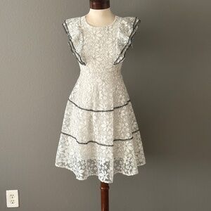Kaimilan White Black trim Lace Embroidered floral dress Sz XS Wedding guest